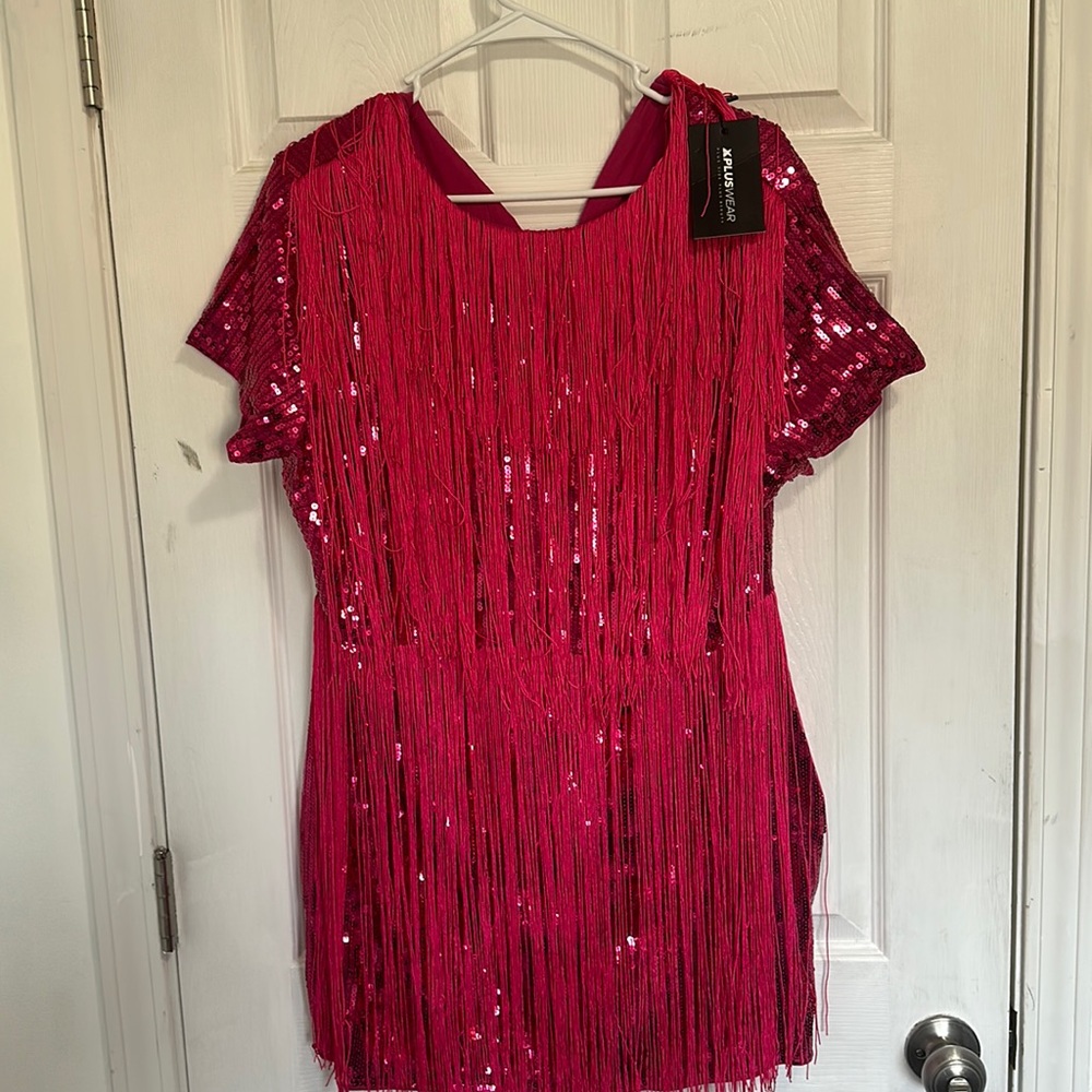Pink sequin in fringe mini dress from X plus wear. Size XL